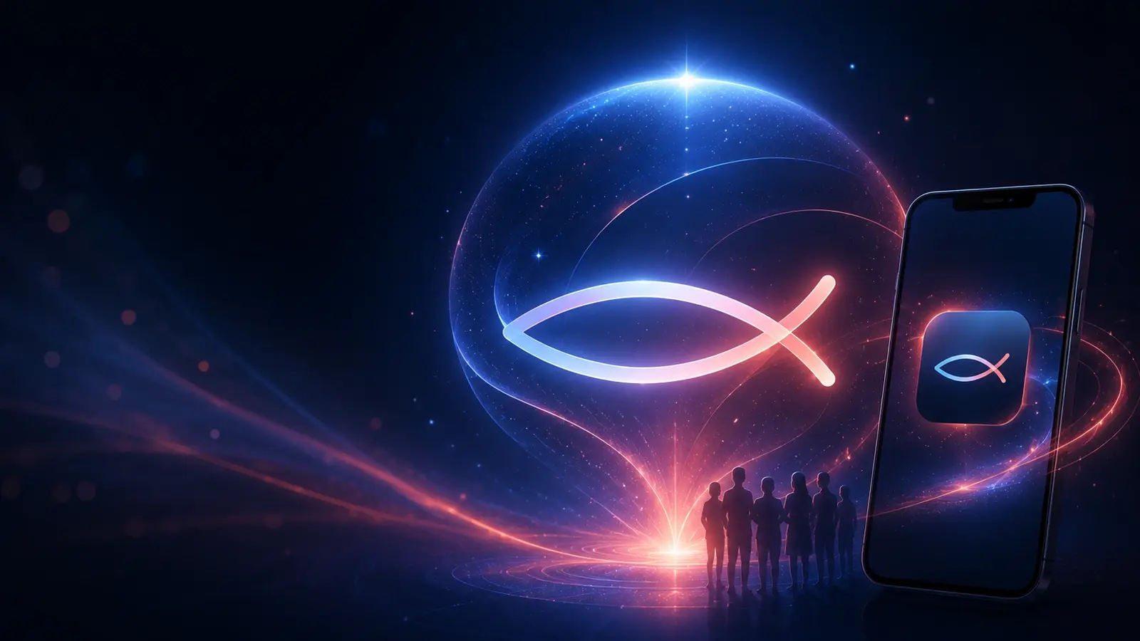 Visual hero dell’app Kyrios, app PhepTech live per comunità, fede e connessione